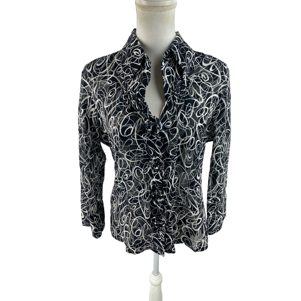 Samuel Dong Womens L Abstract Scribble Art to Wear Flower-Button Blouse Thin